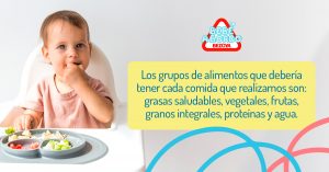 Los grupos de alimentos que debería tener cada comida de un bebé o niño pequeño que realizamos son: grasas saludables, vegetales, frutas, granos integrales, proteínas y agua.