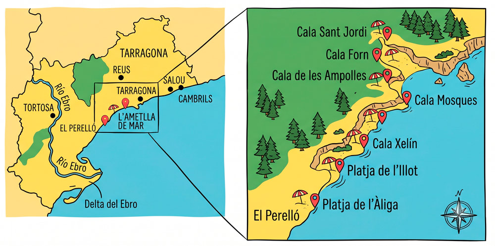 Mapa detallado de las rutas por las playas de Tarragona